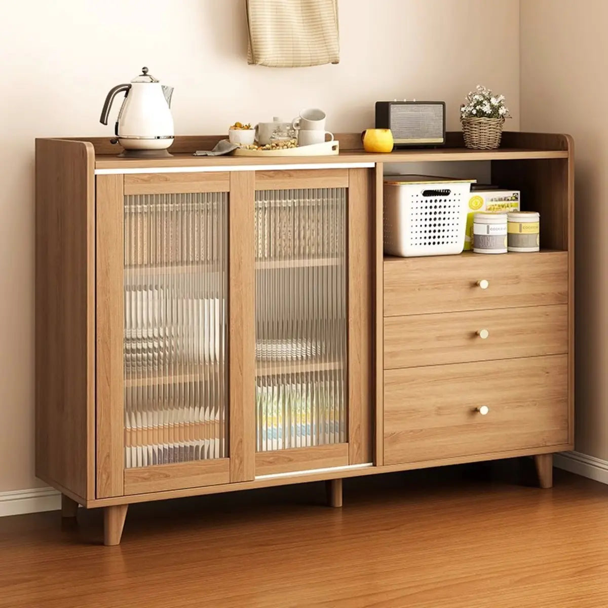 Nut-Brown Open Sideboard with Drawers and Shelves — Cream