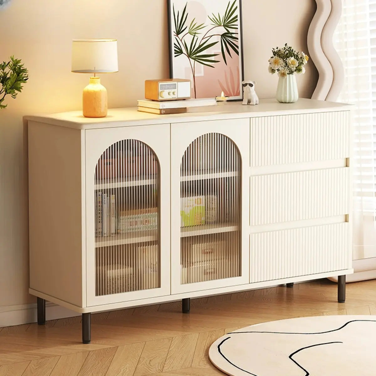 Nut-Brown Open Sideboard with Drawers and Shelves