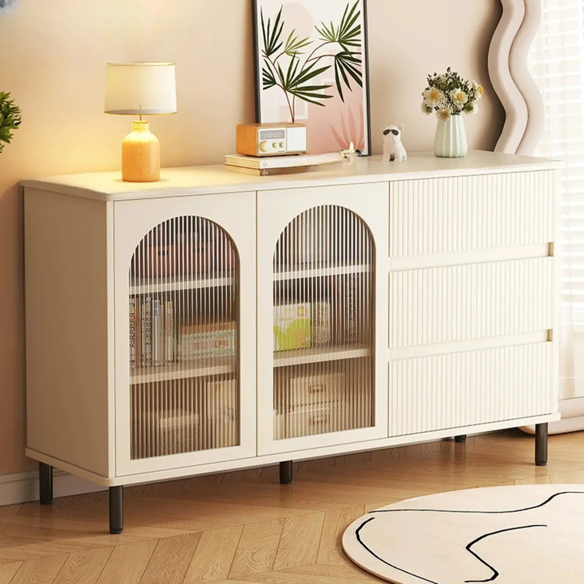 Nut-Brown Open Sideboard with Drawers and Shelves