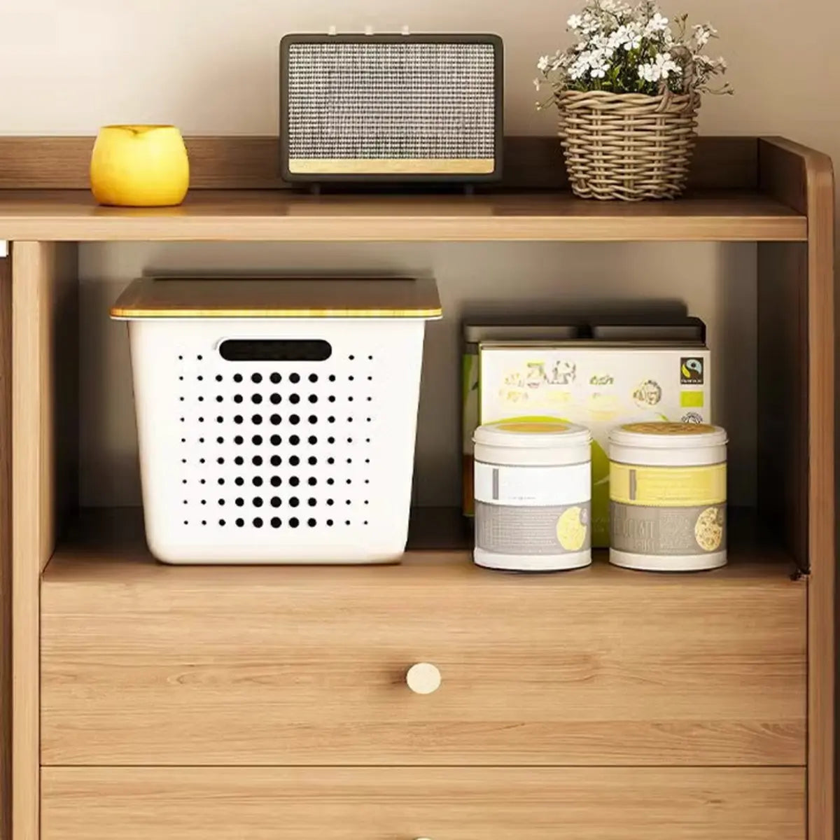 Nut-Brown Open Sideboard with Drawers and Shelves