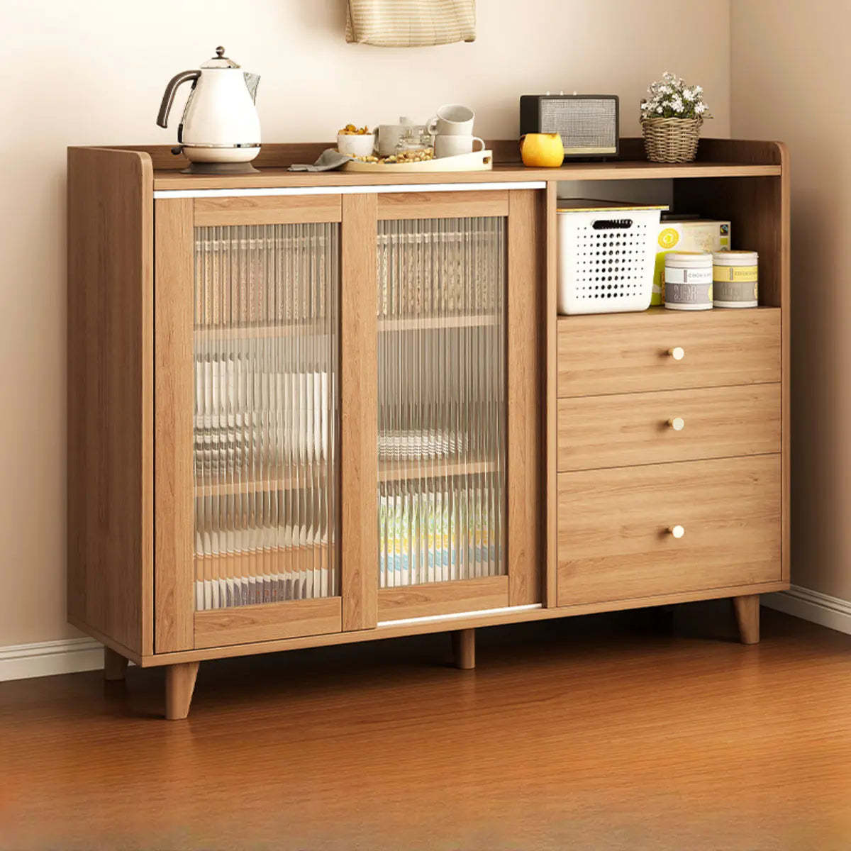 Nut-Brown Open Sideboard with Drawers and Shelves — Cream