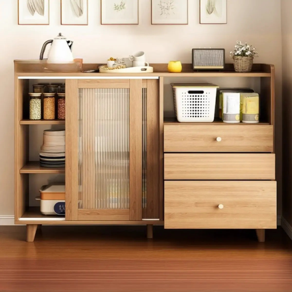 Nut-Brown Open Sideboard with Drawers and Shelves — Nut-Brown