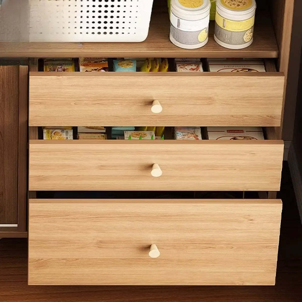 Nut-Brown Open Sideboard with Drawers and Shelves — Nut-Brown