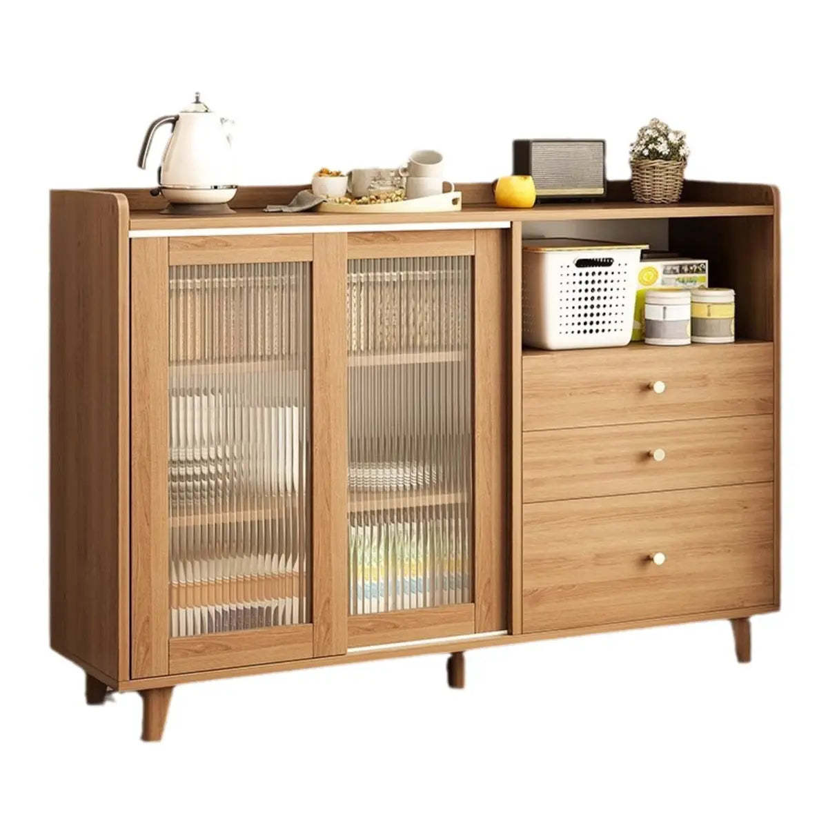 Nut-Brown Open Sideboard with Drawers and Shelves — Nut-Brown