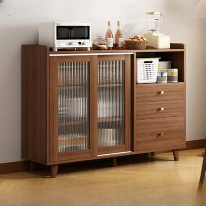 Nut-Brown Open Sideboard with Drawers and Shelves — Wood Color