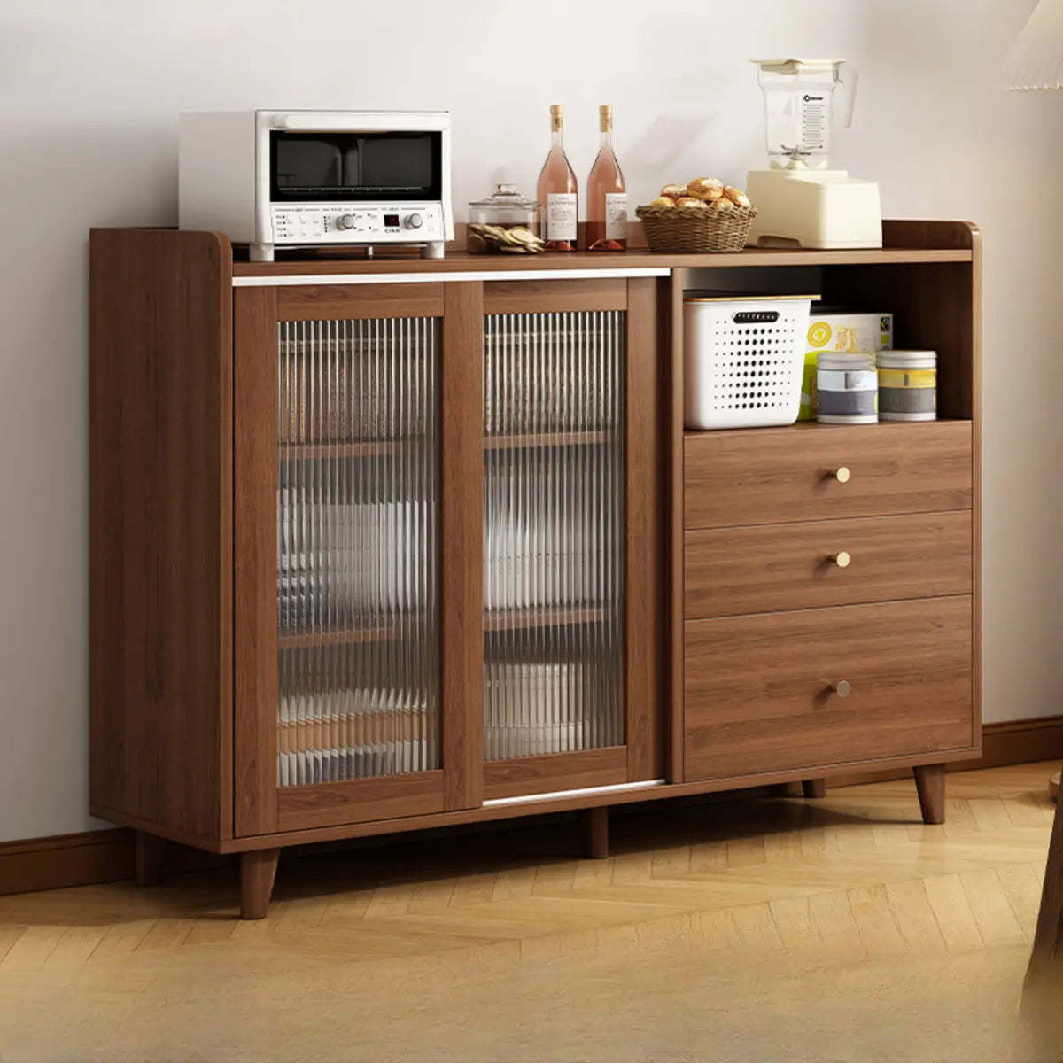 Nut-Brown Open Sideboard with Drawers and Shelves — Wood Color