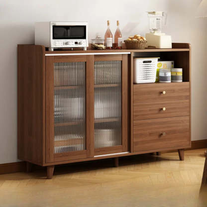 Nut-Brown Open Sideboard with Drawers and Shelves — Wood Color