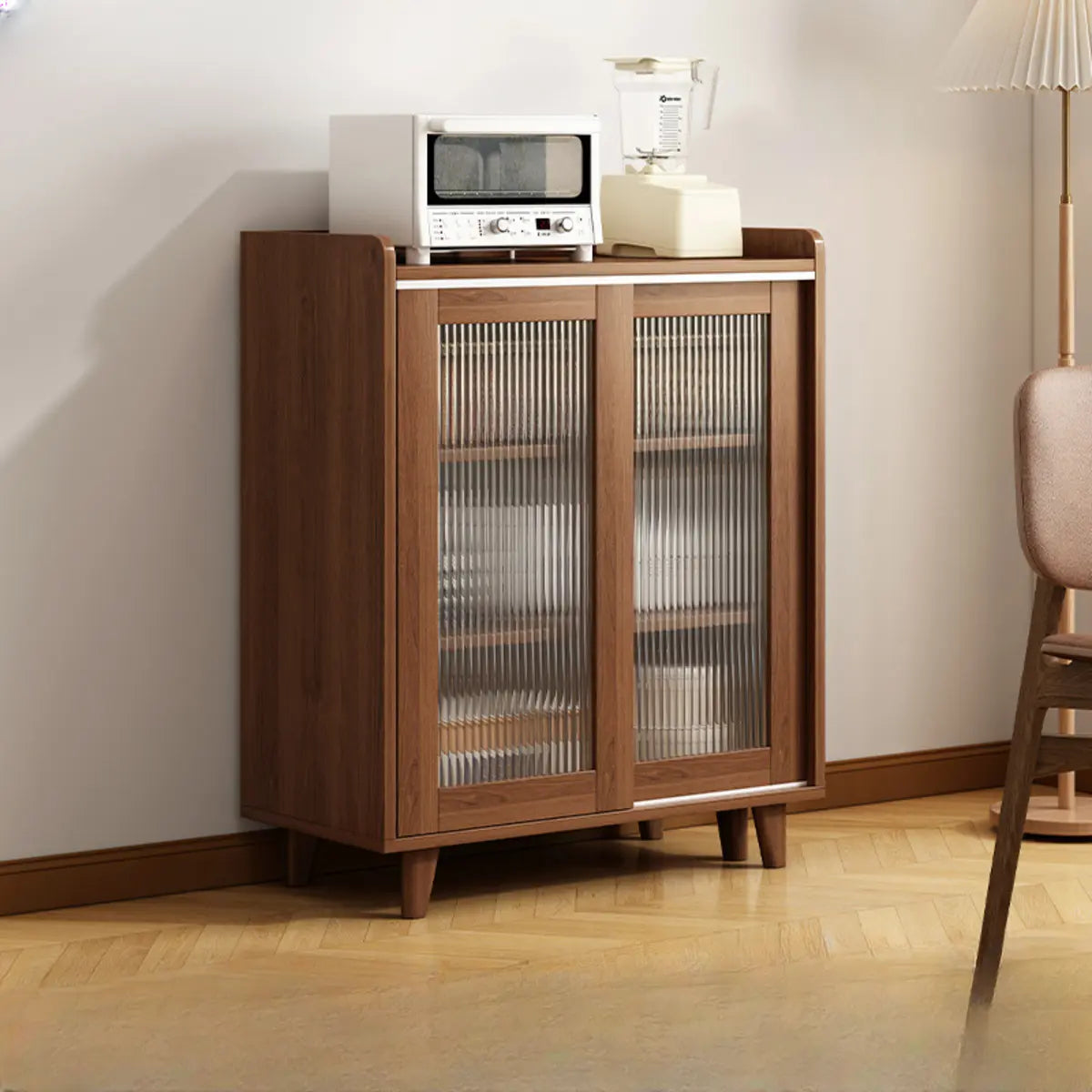 Nut-Brown Open Sideboard with Drawers and Shelves — Wood Color