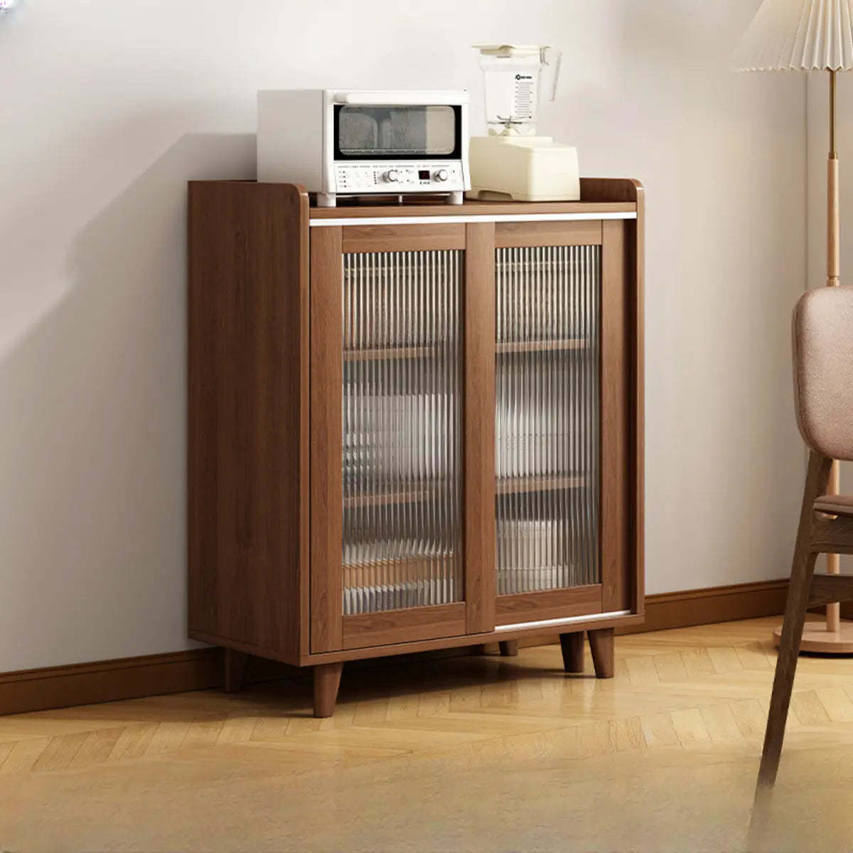 Nut-Brown Open Sideboard with Drawers and Shelves — Wood Color