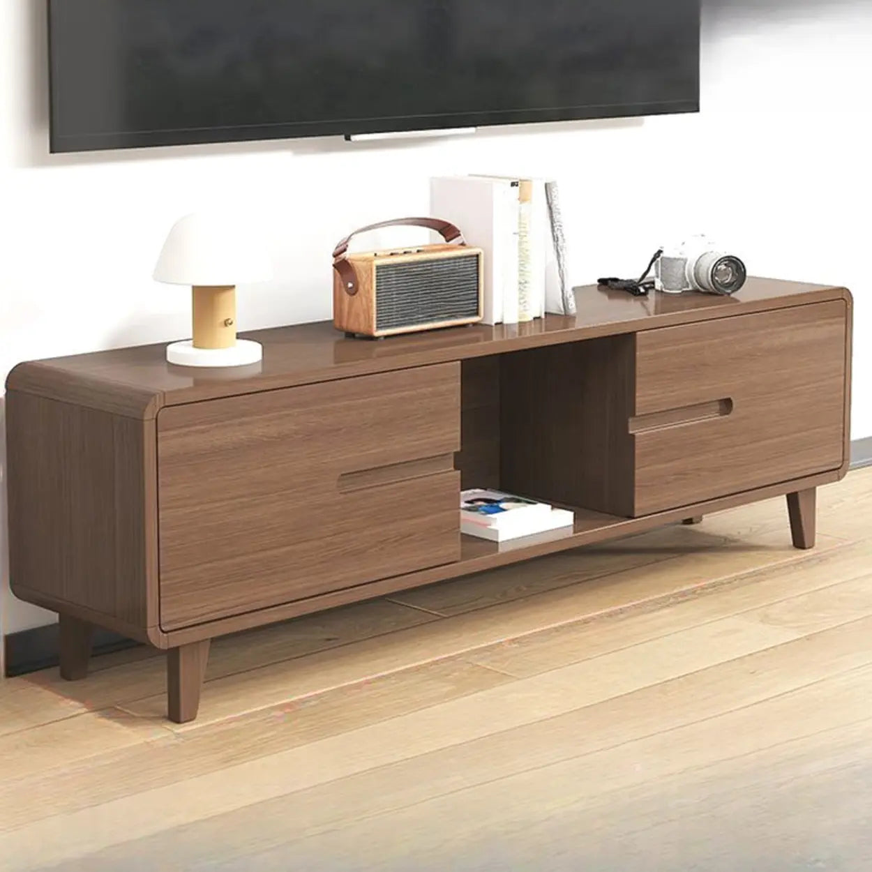 Nut-Brown Wood Parlor Drawer TV Stand — Walnut/ White