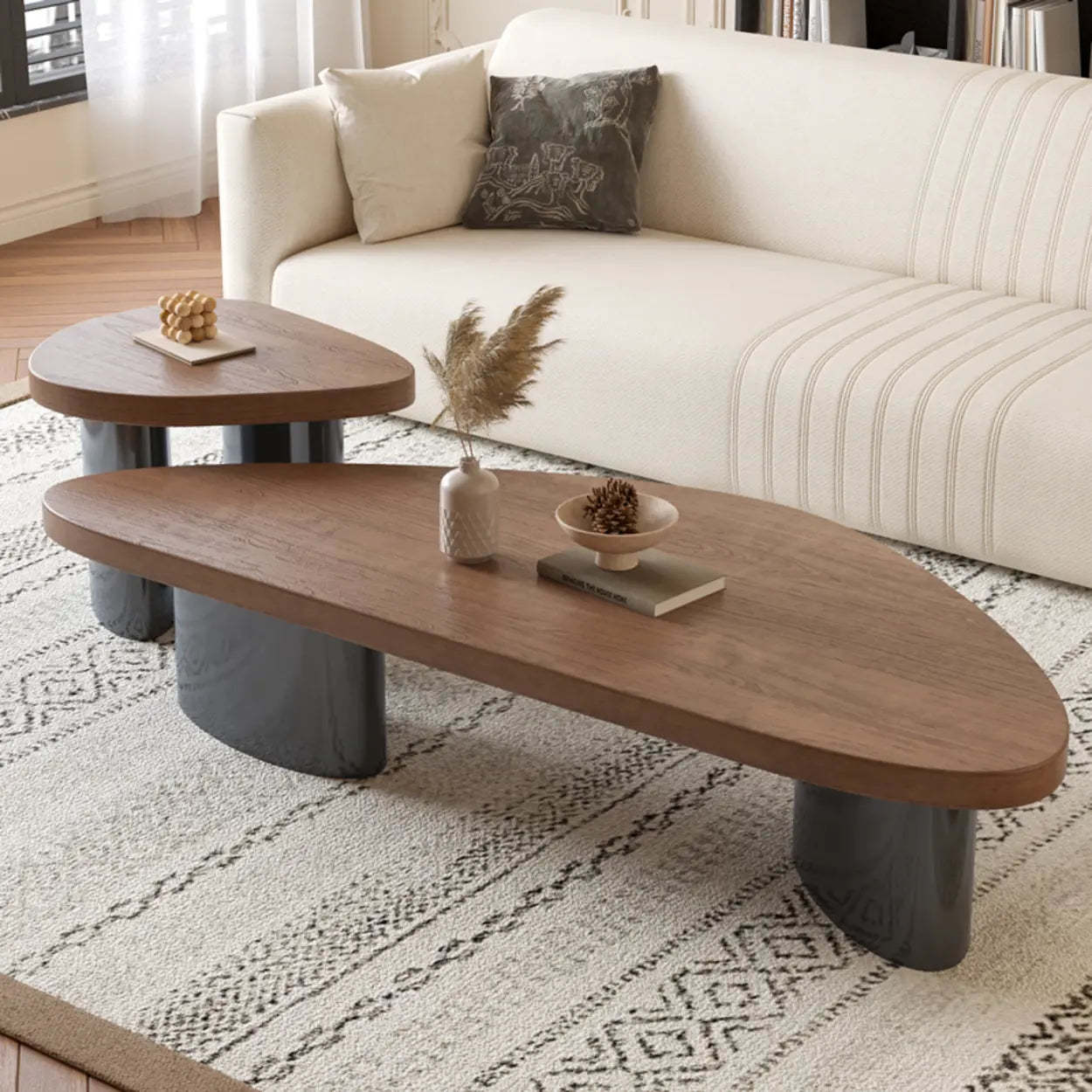 Nut-Brown Pine Wood Triangle Nesting Coffee Tables — Nut-Brown