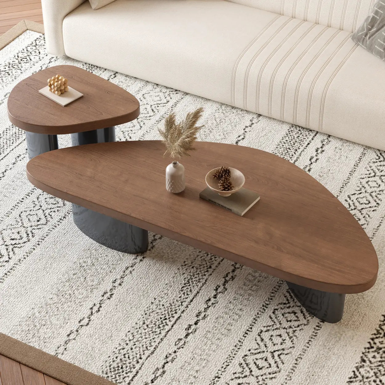 Nut-Brown Pine Wood Triangle Nesting Coffee Tables — Nut-Brown