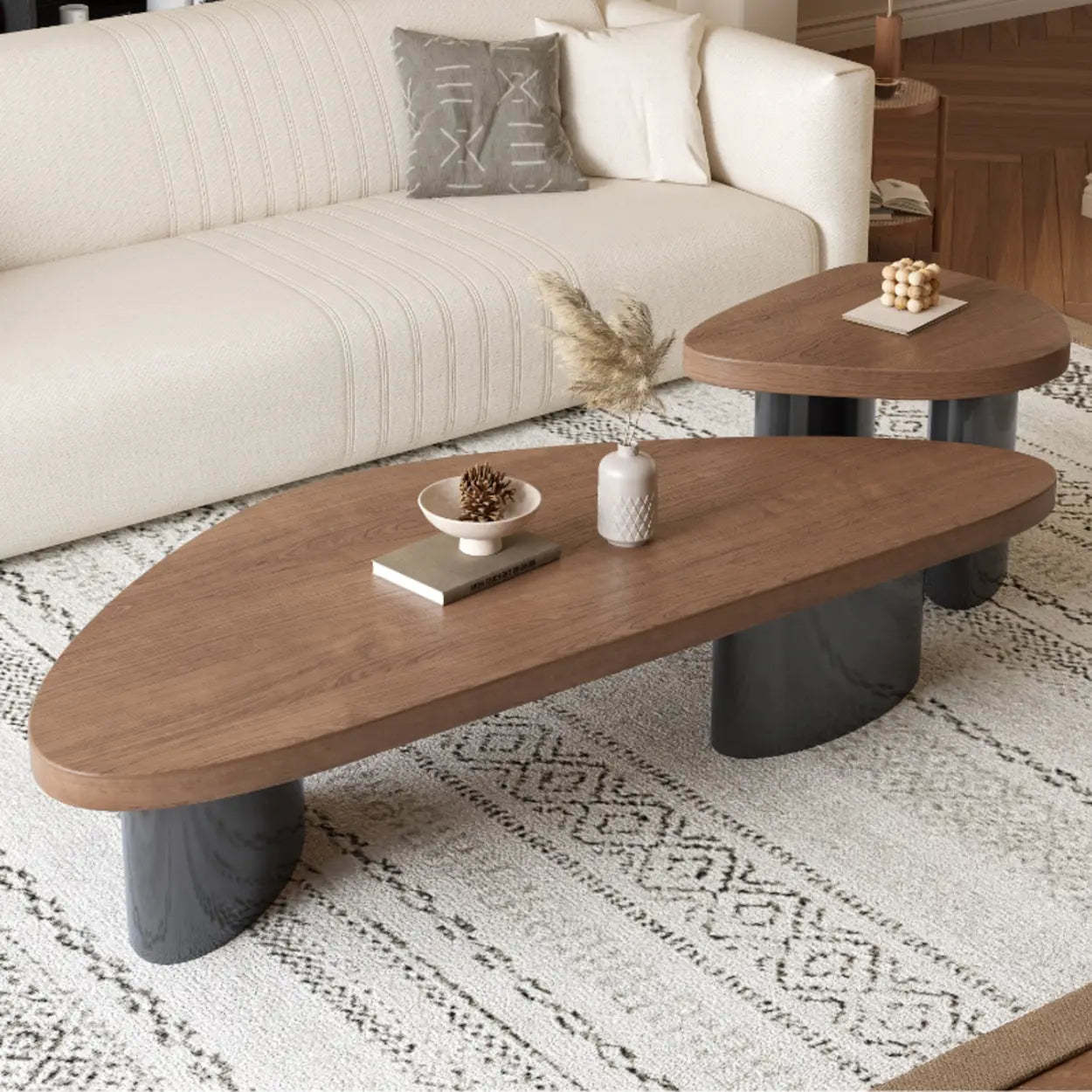 Nut-Brown Pine Wood Triangle Nesting Coffee Tables — Nut-Brown