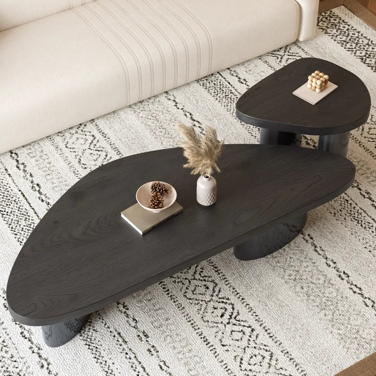 Nut-Brown Pine Wood Triangle Nesting Coffee Tables — Nut-Brown