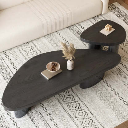Nut-Brown Pine Wood Triangle Nesting Coffee Tables — Nut-Brown