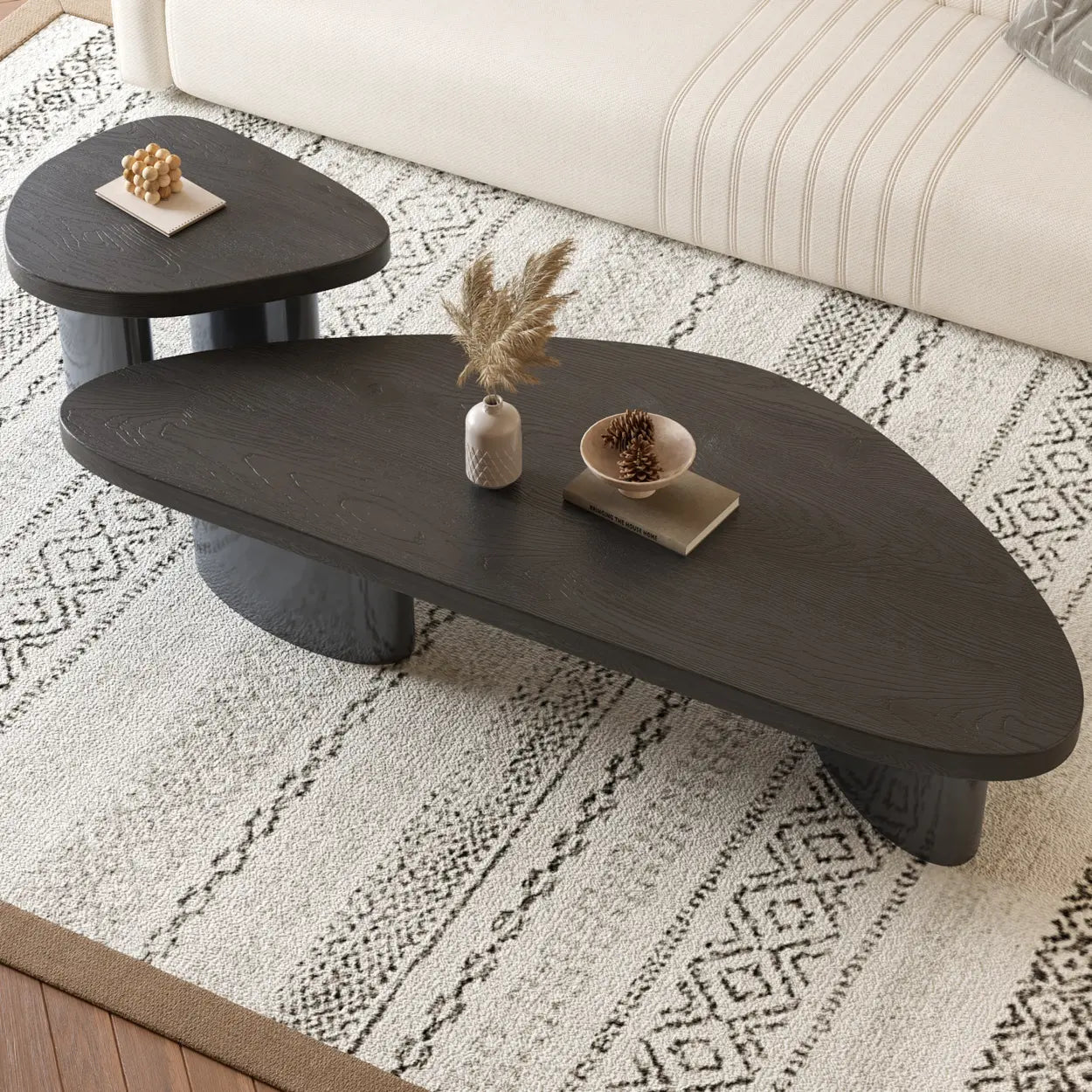 Nut-Brown Pine Wood Triangle Nesting Coffee Tables — Black