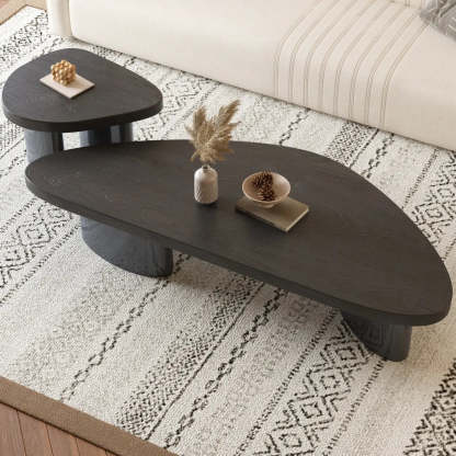 Nut-Brown Pine Wood Triangle Nesting Coffee Tables — Black