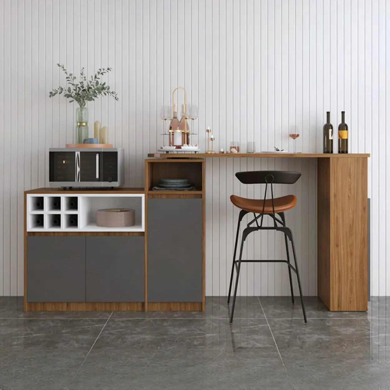 Nut-Brown Rectangular Wood Bar Table with Storage — Grey / Table Only