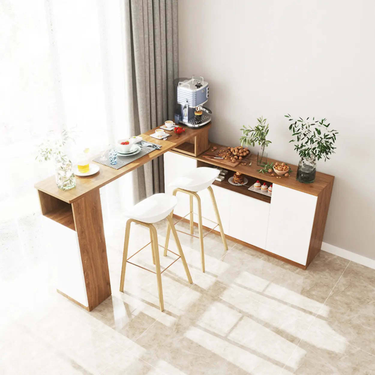 Nut-Brown Rectangular Wood Bar Table with Storage — Grey / Table Only