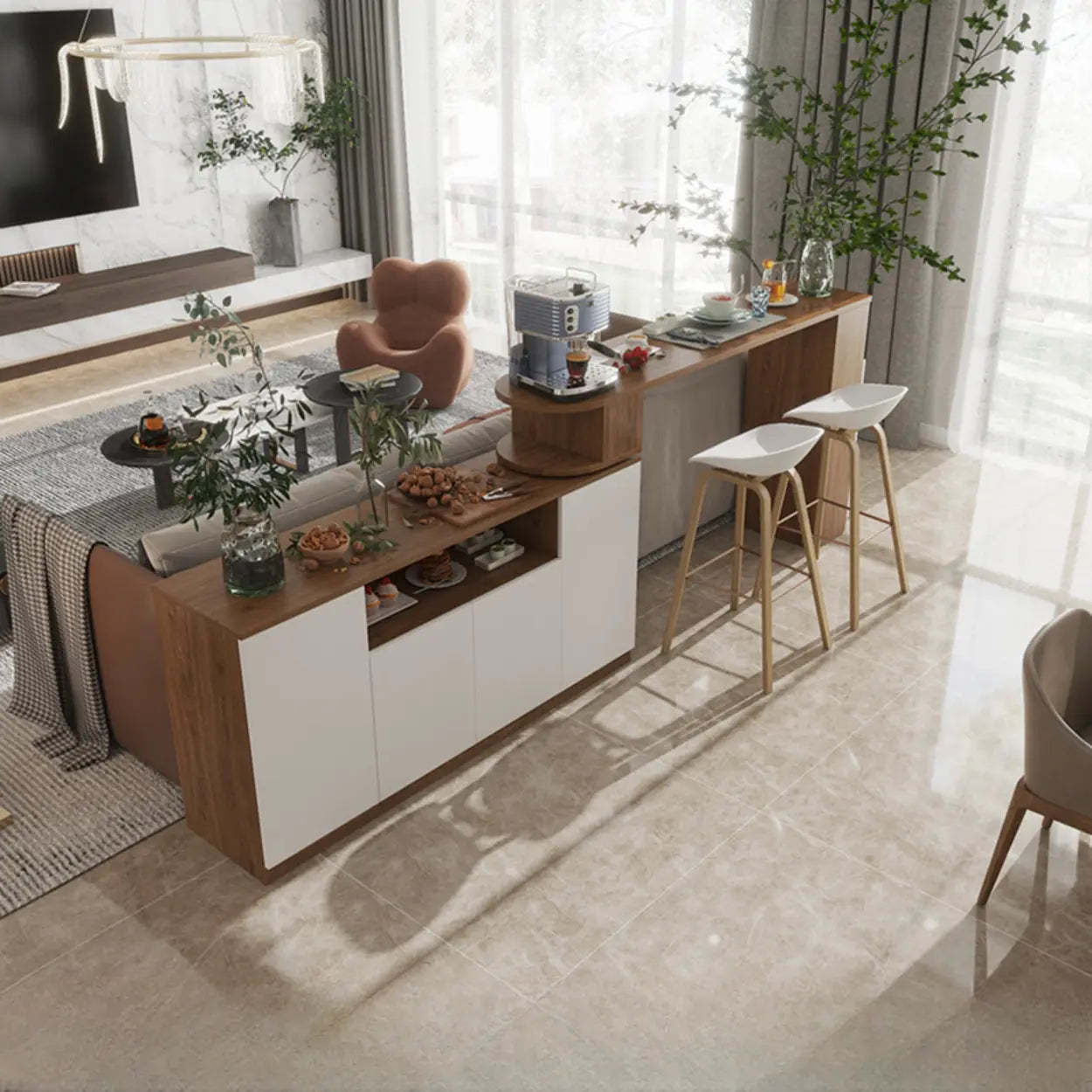 Brown wood rectangular storage bar tables - modern — 122" L x 16" W x 41" H / Nut & Brown