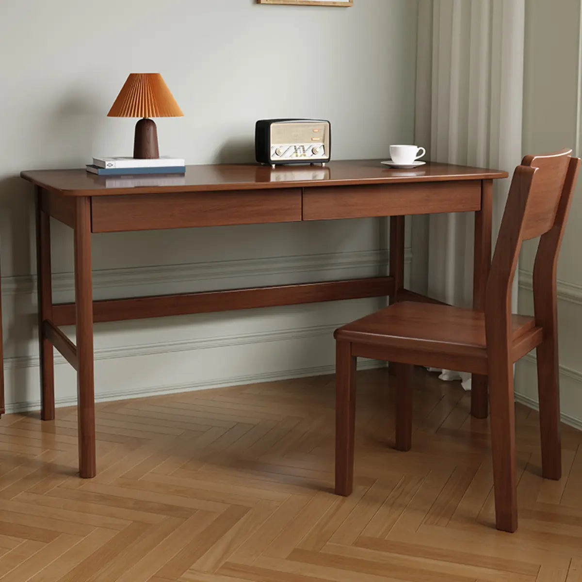 Nut-Brown Rubberwood Drawer H-Shape Writing Desk