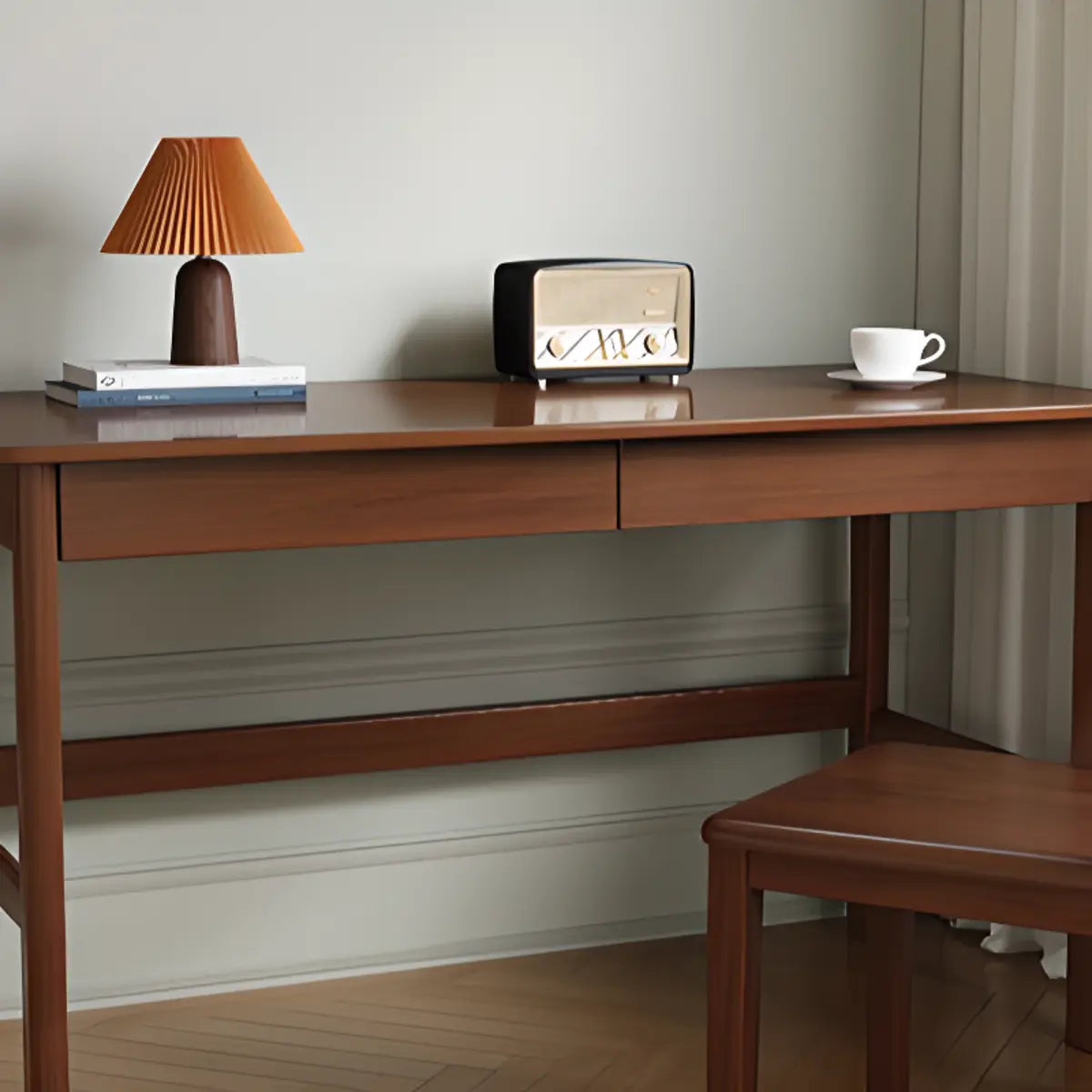 Nut-Brown Rubberwood Drawer H-Shape Writing Desk — Without Chairs / White