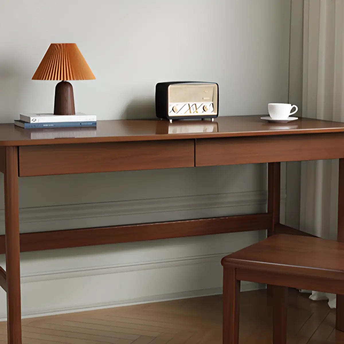 Nut-Brown Rubberwood Drawer H-Shape Writing Desk — Without Chairs / White