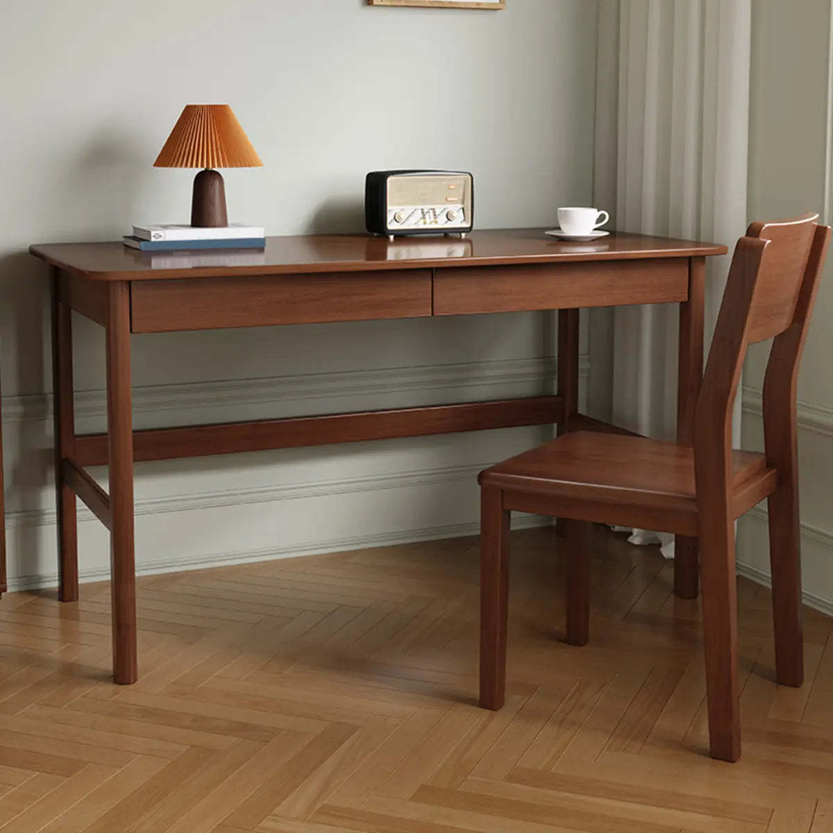 Nut-Brown Rubberwood Drawer H-Shape Writing Desk — Without Chairs / Natural Finish