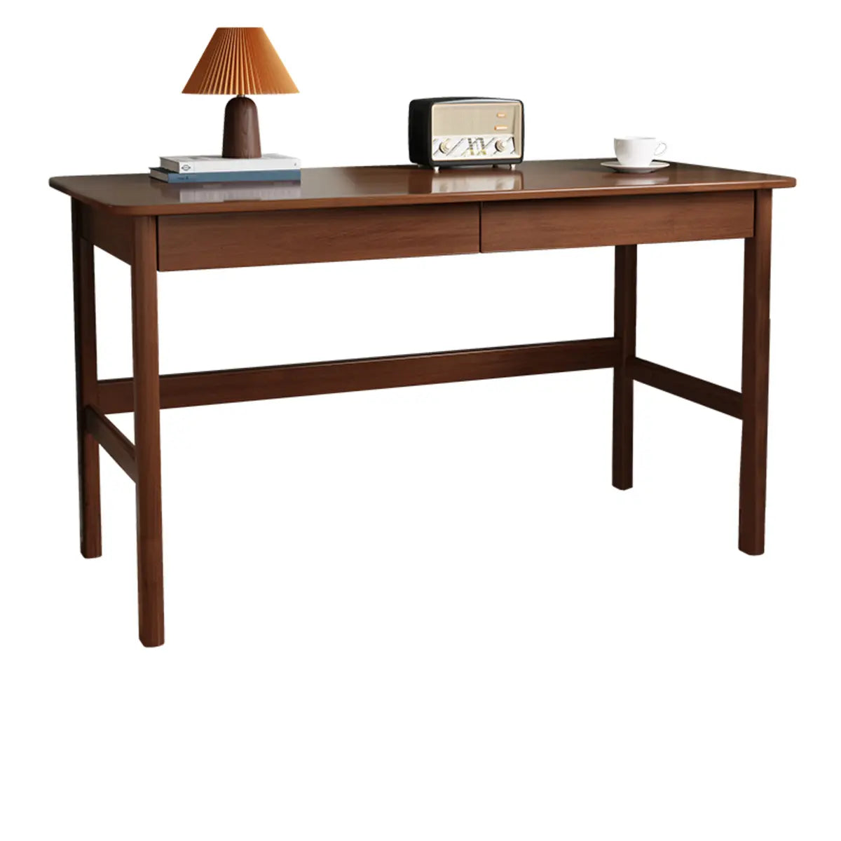 Nut-Brown Rubberwood Drawer H-Shape Writing Desk — Without Chairs / Natural Finish