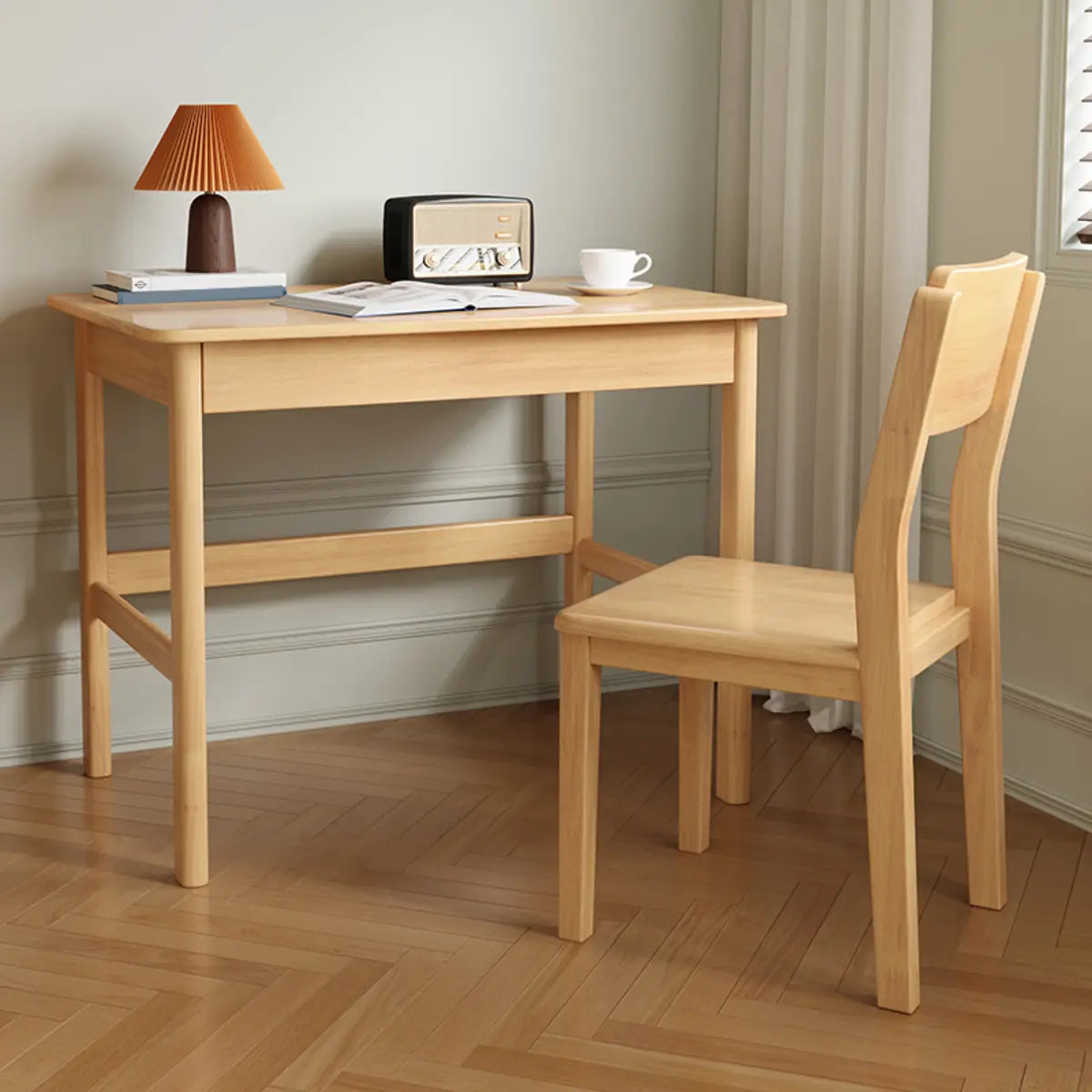 Nut-Brown Rubberwood Drawer H-Shape Writing Desk — Without Chairs / Natural Finish