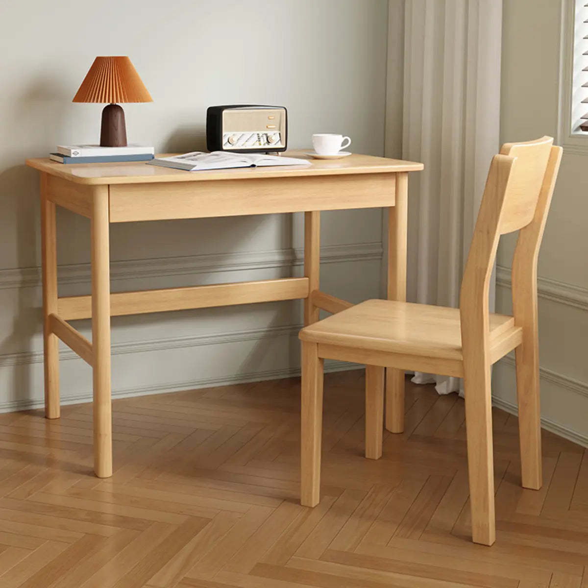 Nut-Brown Rubberwood Drawer H-Shape Writing Desk — Without Chairs / Natural Finish