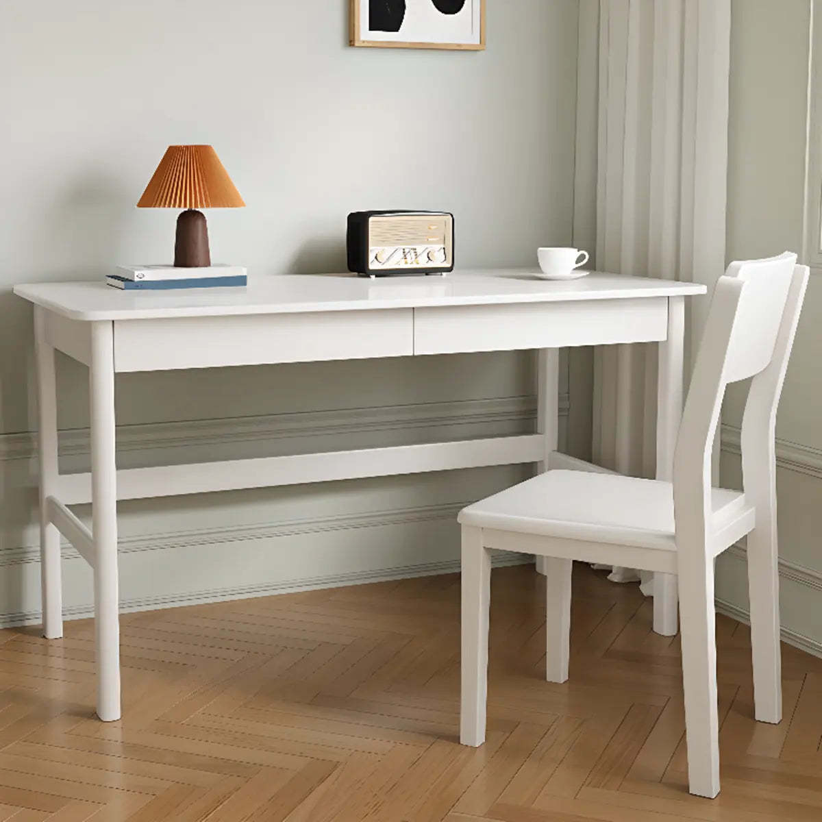 Nut-Brown Rubberwood Drawer H-Shape Writing Desk — Without Chairs / Natural Finish