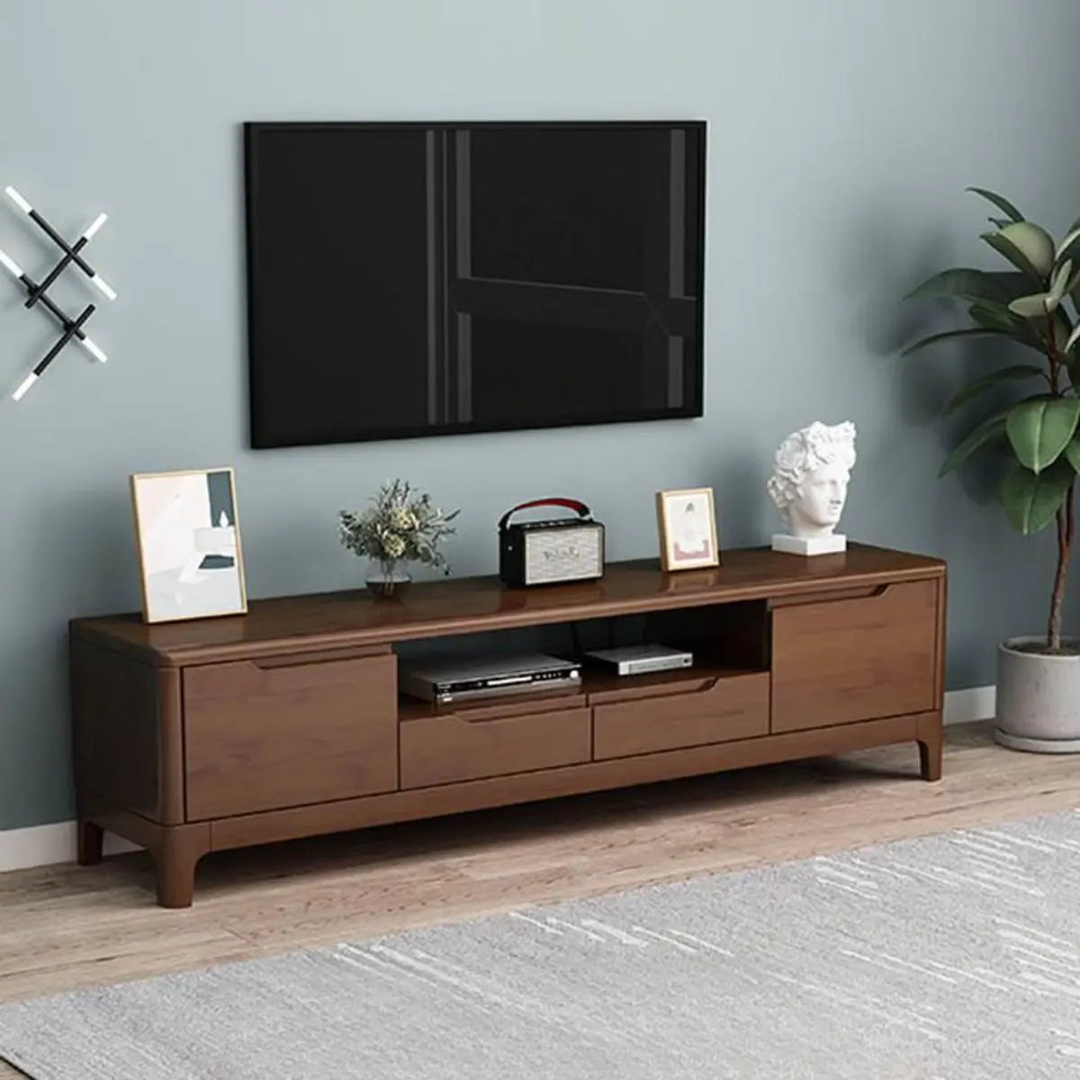 Nut-Brown Rubberwood TV Stand with Shelf Cabinet