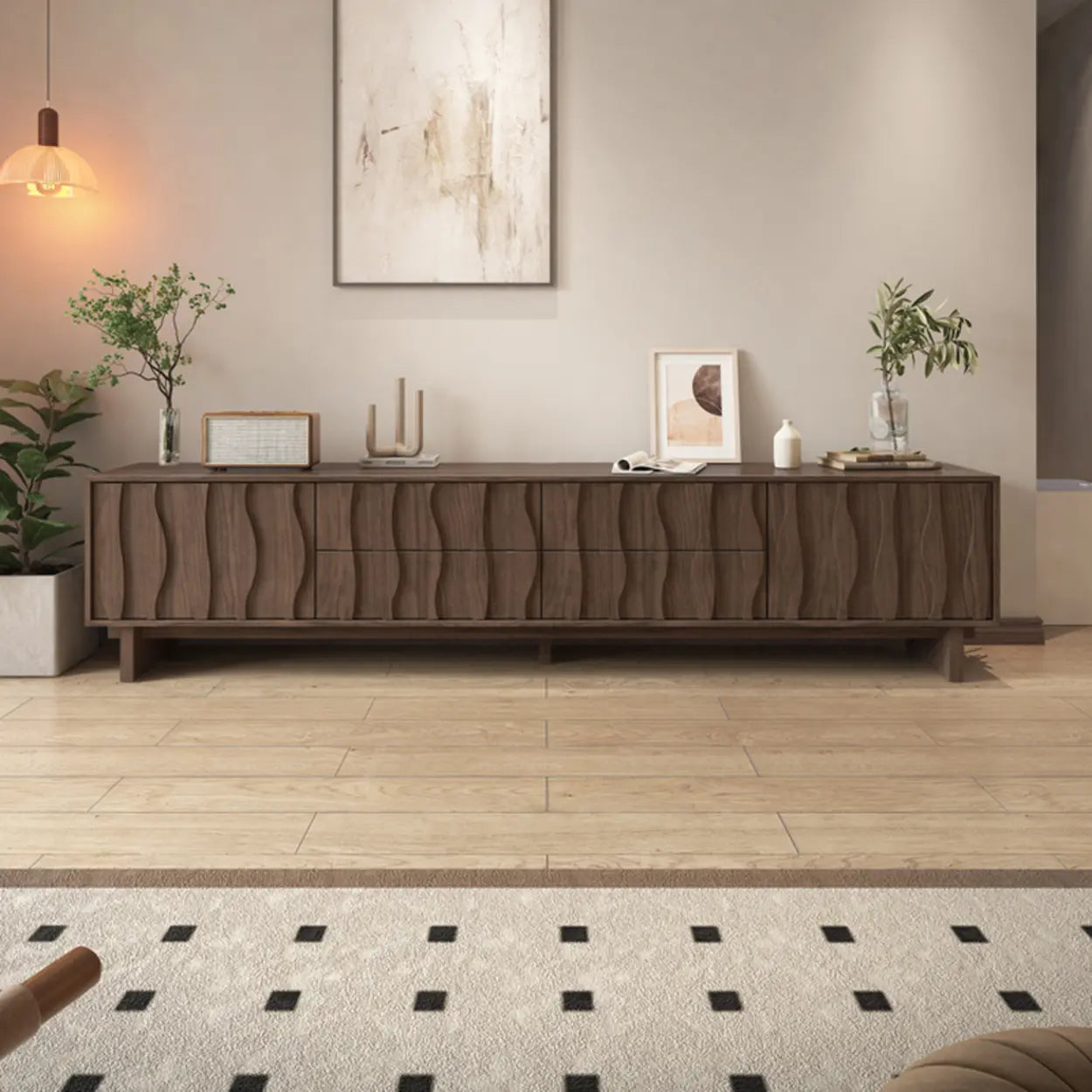 Nut-Brown Wave-Texture Wood Drawer TV Stand — Black