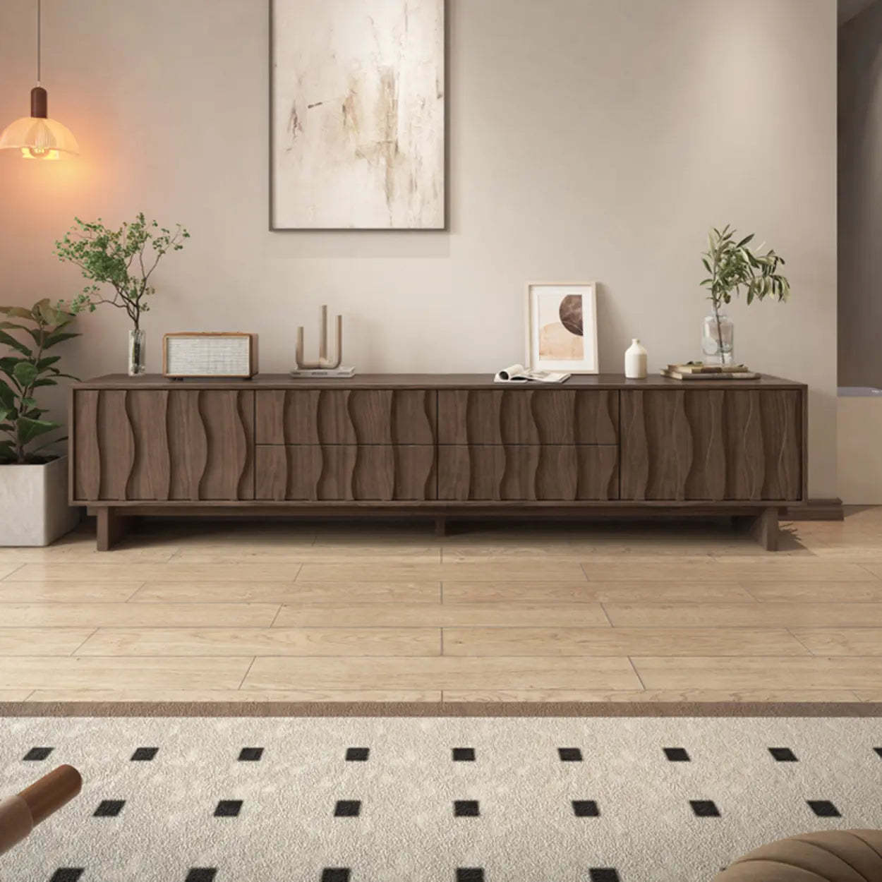 Nut-Brown Wave-Texture Wood Drawer TV Stand — Black