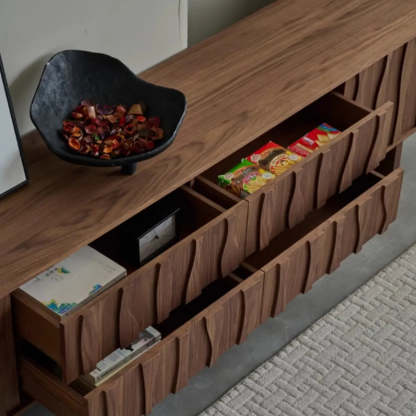 Nut-Brown Wave-Texture Wood Drawer TV Stand — Black