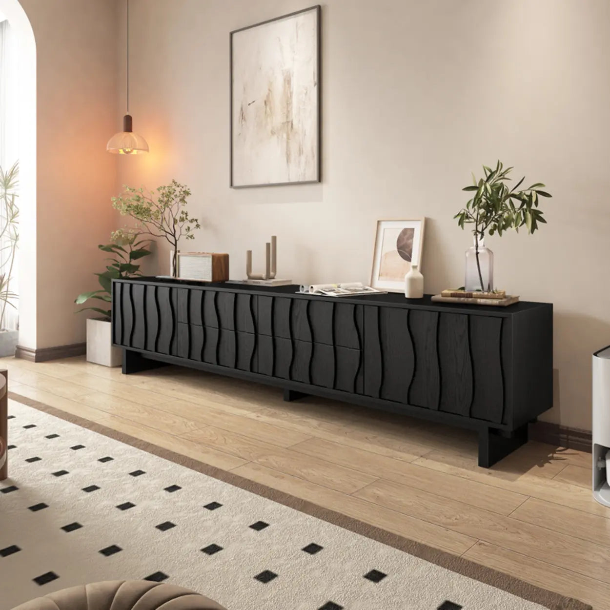 Nut-Brown Wave-Texture Wood Drawer TV Stand — Nut-Brown