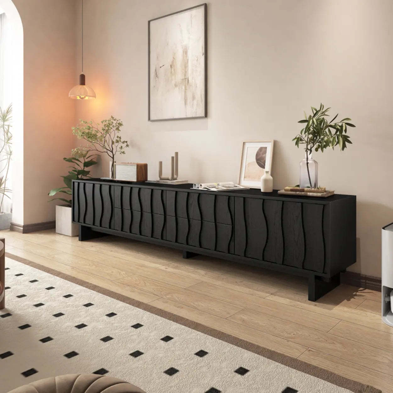 Nut-Brown Wave-Texture Wood Drawer TV Stand — Nut-Brown