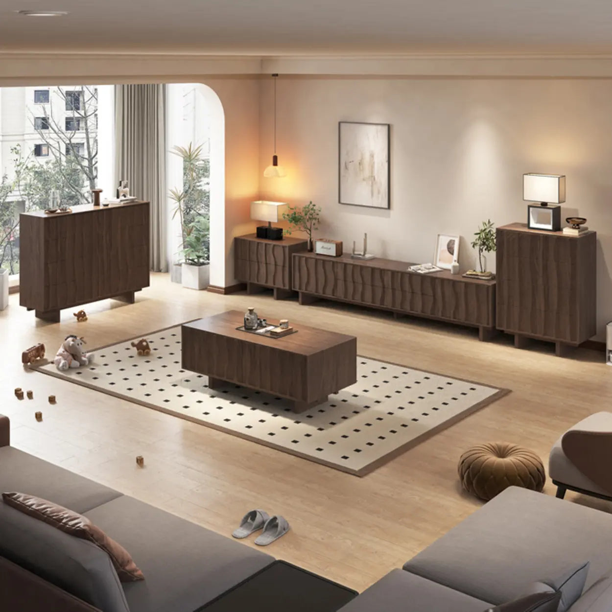 Nut-Brown Wave-Texture Wood Drawer TV Stand — Natural
