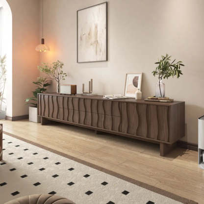 Nut-Brown Wave-Texture Wood Drawer TV Stand — Black