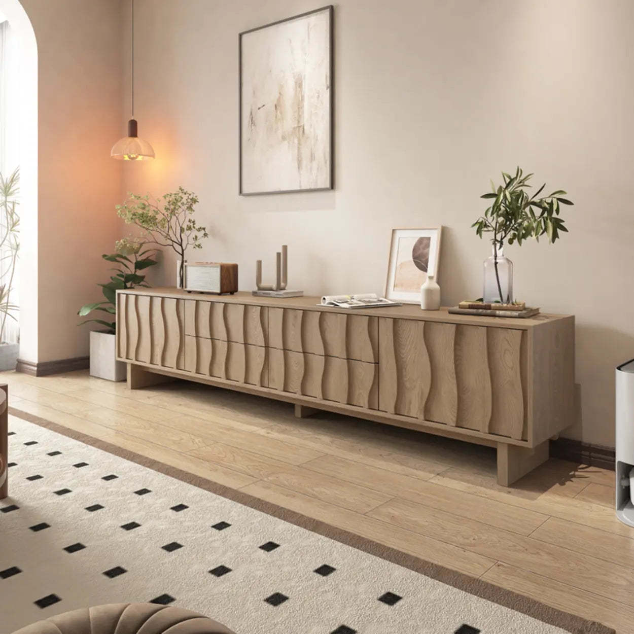 Nut-Brown Wave-Texture Wood Drawer TV Stand — Natural