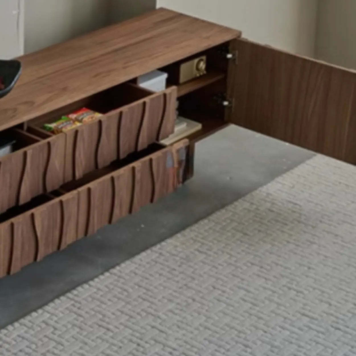 Nut-Brown Wave-Texture Wood Drawer TV Stand — Natural