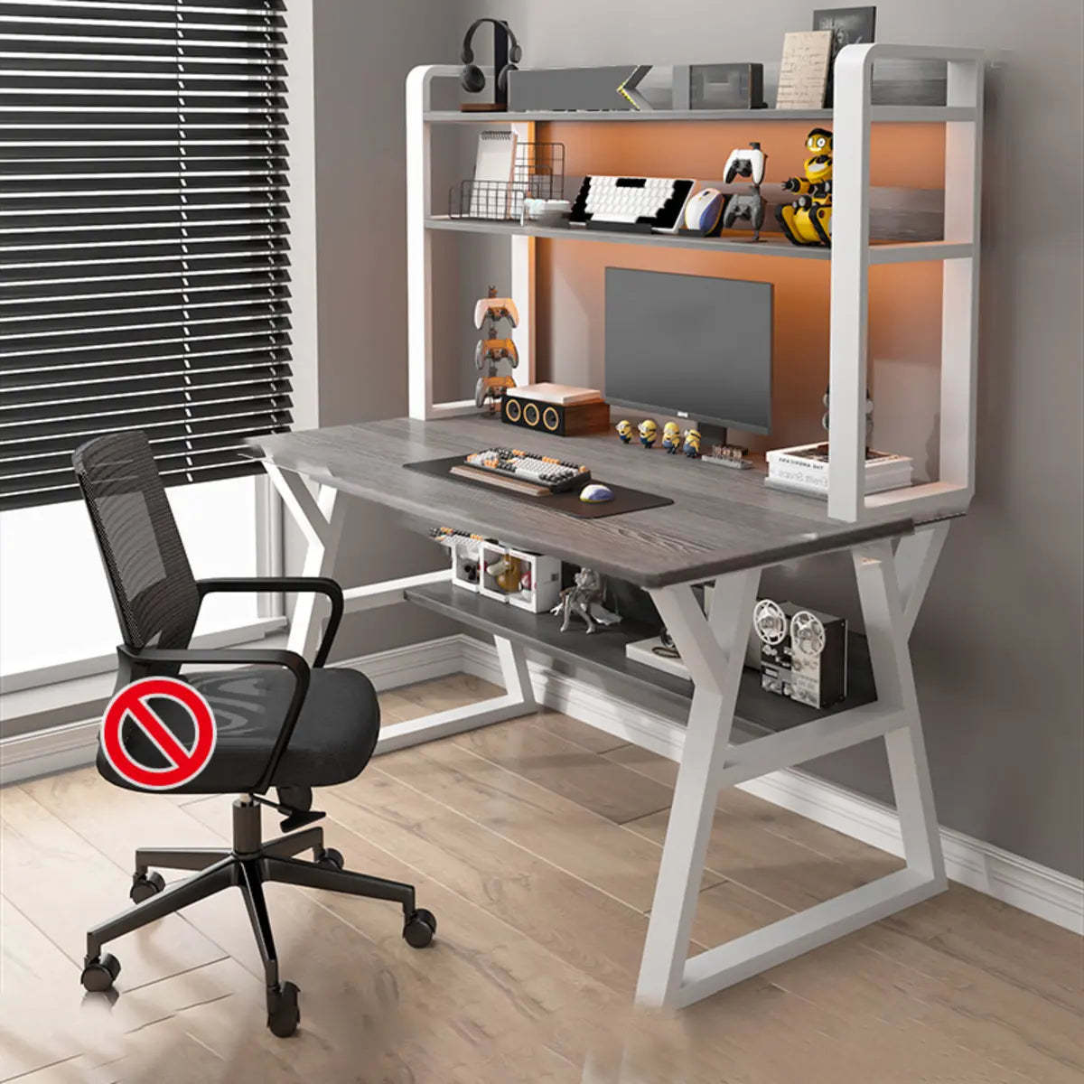 Nut-Brown Wood Computer Desk with Hutch and Shelf — Natural Finish / Without Chairs