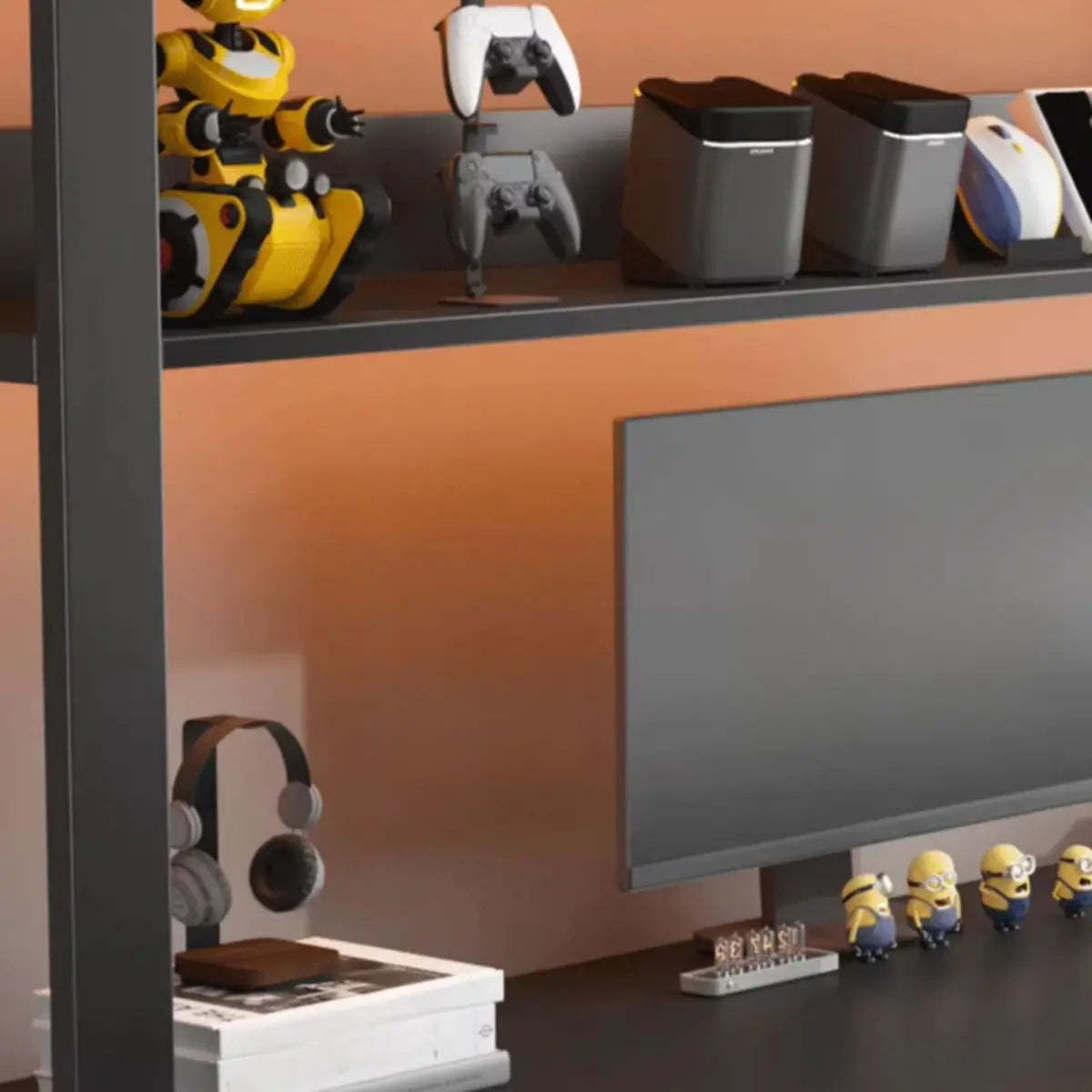 Nut-Brown Wood Computer Desk with Hutch and Shelf — Grey / Without Chairs