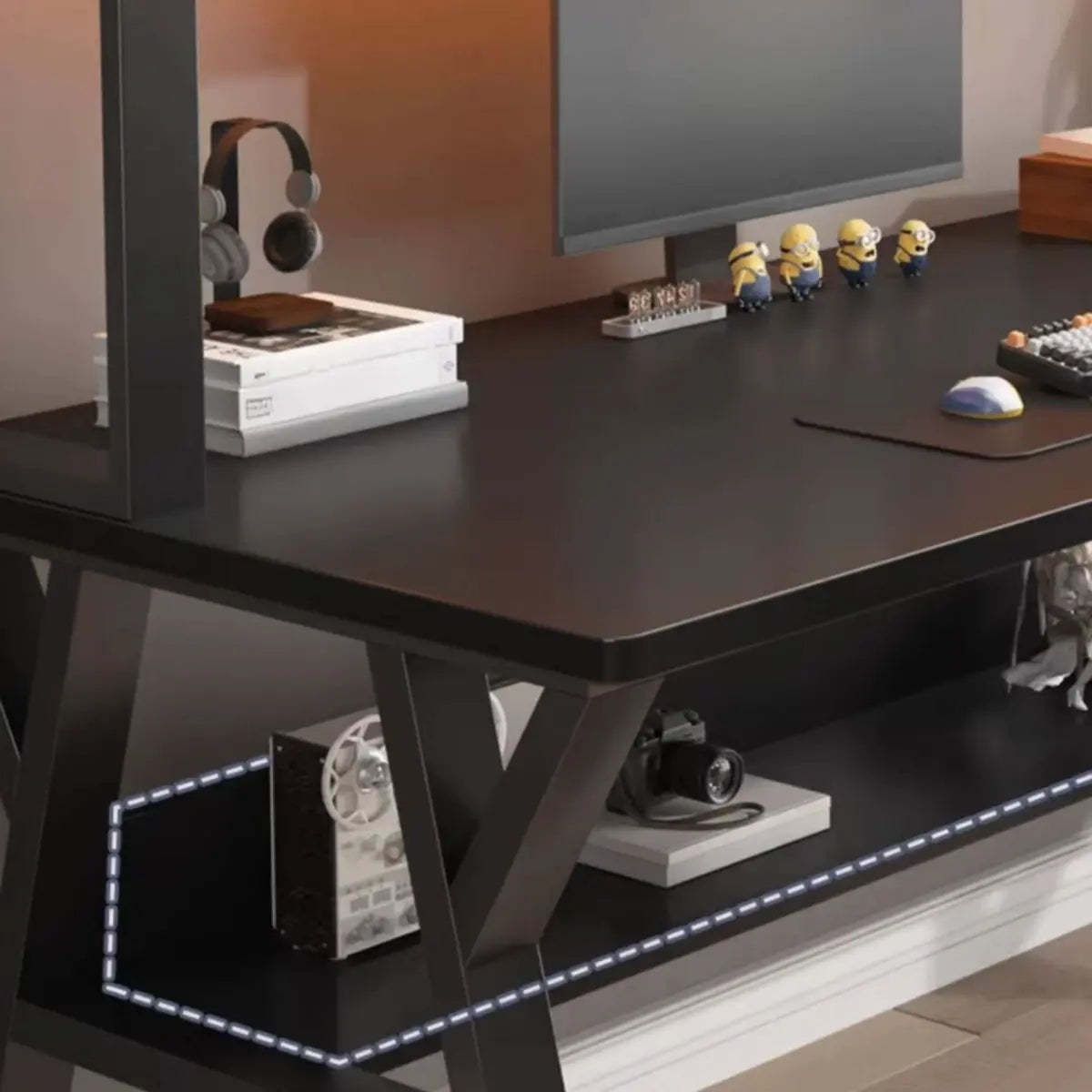 Nut-Brown Wood Computer Desk with Hutch and Shelf — Black / Without Chairs