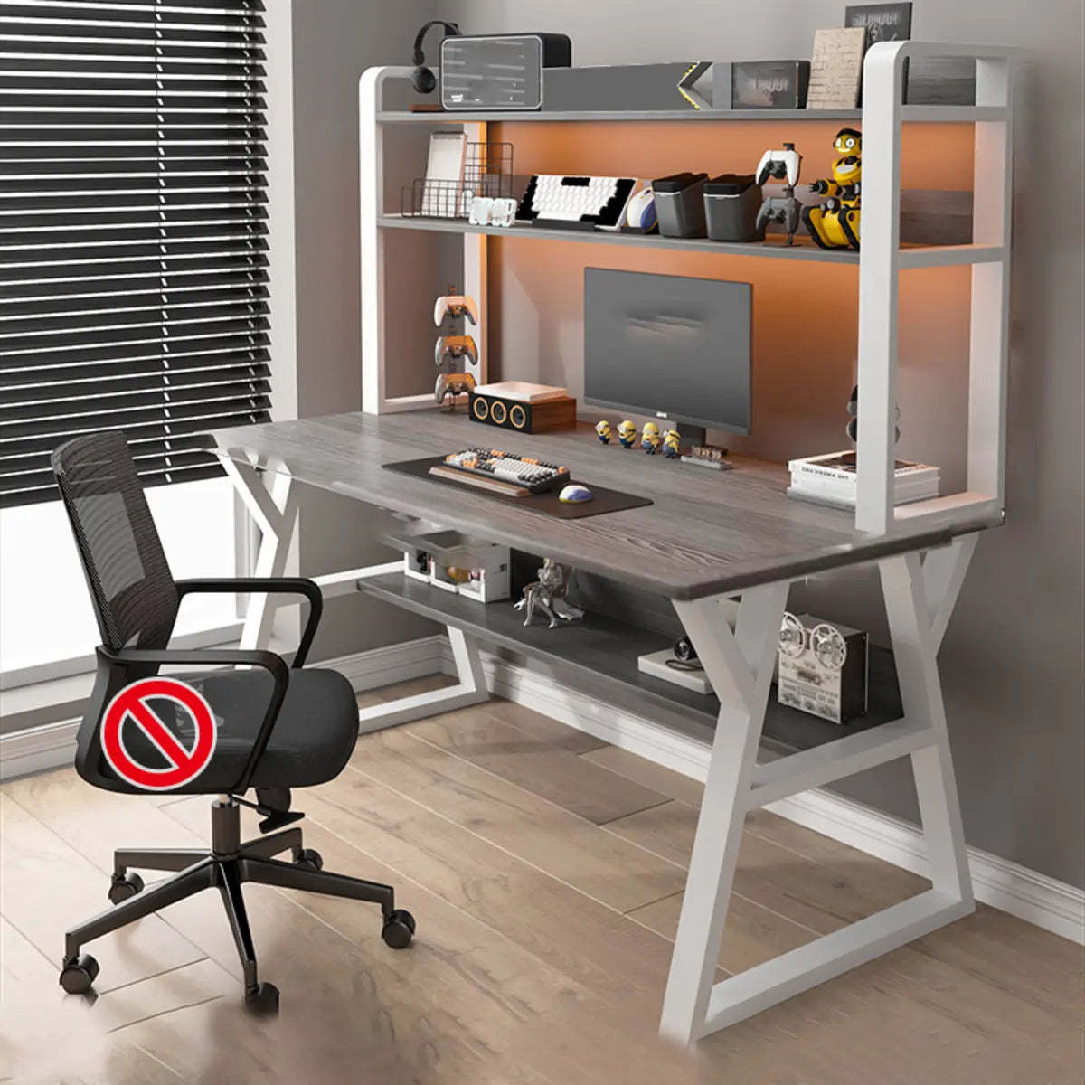 Nut-Brown Wood Computer Desk with Hutch and Shelf — Natural Finish / Without Chairs