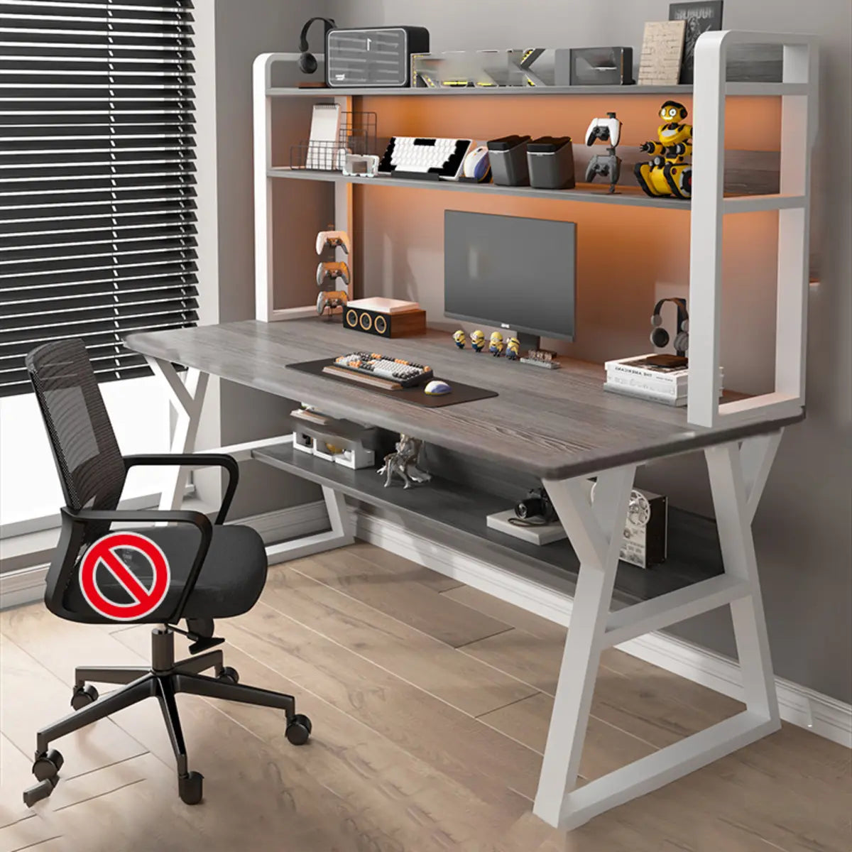 Nut-Brown Wood Computer Desk with Hutch and Shelf — Grey / Without Chairs