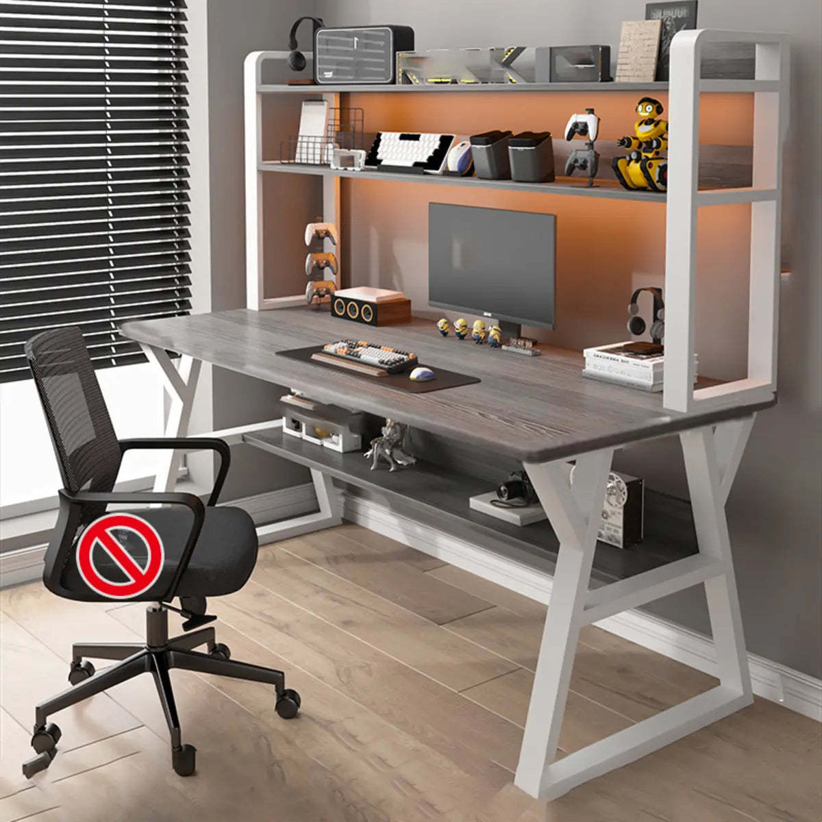 Nut-Brown Wood Computer Desk with Hutch and Shelf — Grey / Without Chairs