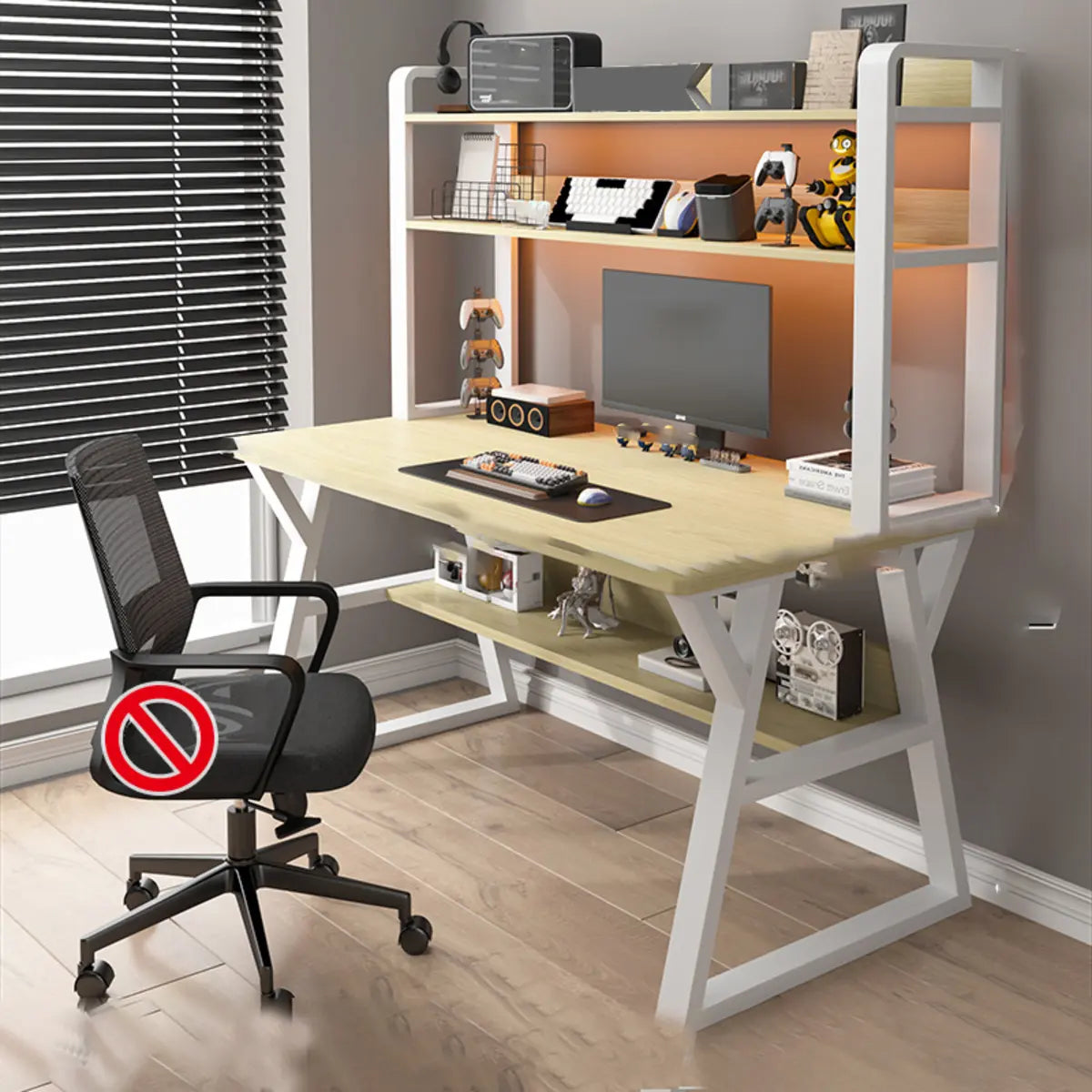 Nut-Brown Wood Computer Desk with Hutch and Shelf