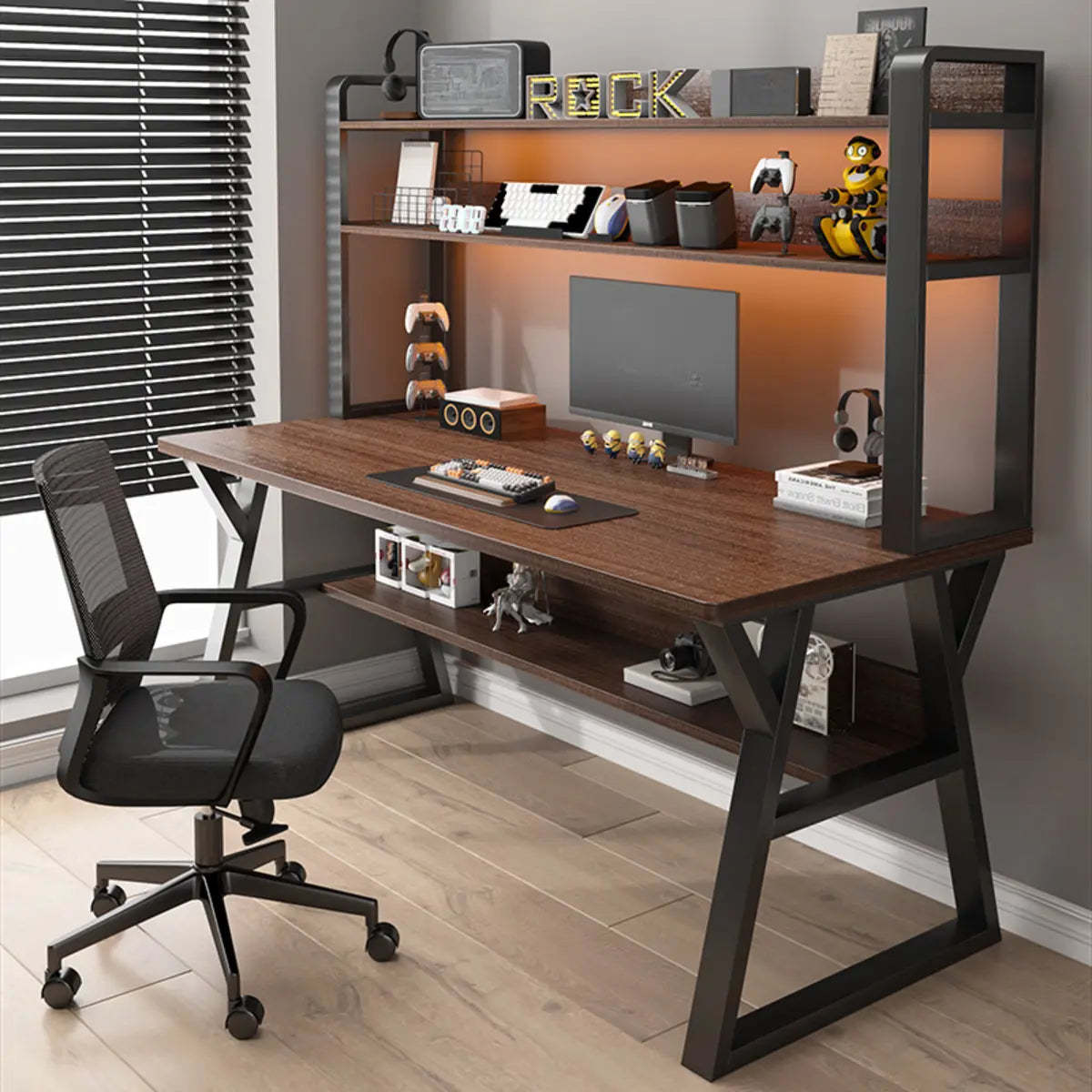 Nut-Brown Wood Computer Desk with Hutch and Shelf — Black / Without Chairs